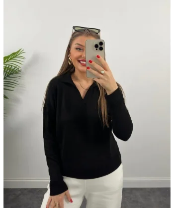 Kadın Beyaz Uzun Kollu Yakalı Triko Bluz