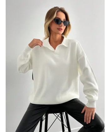 Kadın Beyaz Uzun Kollu Yakalı Triko Bluz
