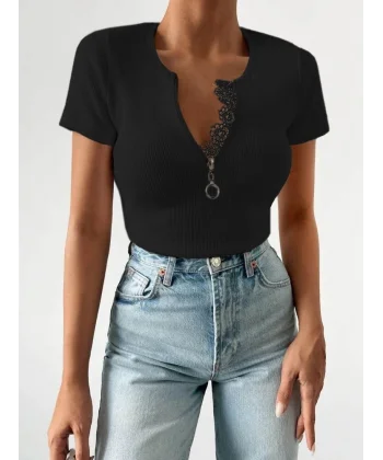 Kadın Beyaz Yaka Dantel Ve Fermuarlı Kaşkorse Bluz