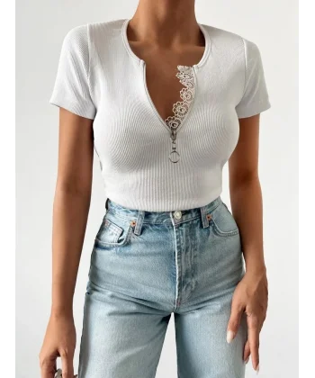 Kadın Beyaz Yaka Dantel Ve Fermuarlı Kaşkorse Bluz