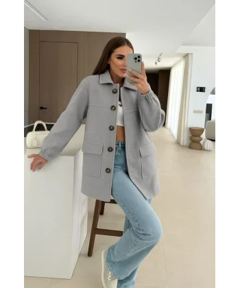 Kadın Bileği Lastikli Cep Ve Leopar Düğme Detay Kaşe Kaban