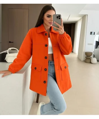 Kadın Bileği Lastikli Cep Ve Leopar Düğme Detay Kaşe Kaban