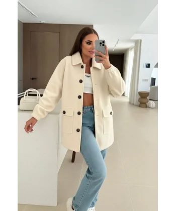 Kadın Bileği Lastikli Cep Ve Leopar Düğme Detay Kaşe Kaban