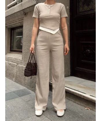 Kadın Bisiklet Yaka Asimetrik Kesim Atlet Detay Bluz Ve Yüksek Bel Bol Paça Pantolon Ikili Takım