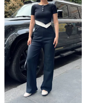 Kadın Bisiklet Yaka Asimetrik Kesim Atlet Detay Bluz Ve Yüksek Bel Bol Paça Pantolon Ikili Takım