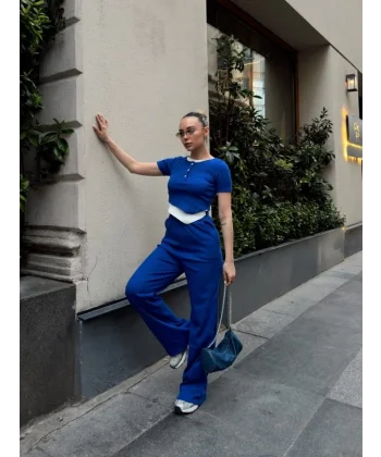 Kadın Bisiklet Yaka Asimetrik Kesim Atlet Detay Bluz Ve Yüksek Bel Bol Paça Pantolon Ikili Takım