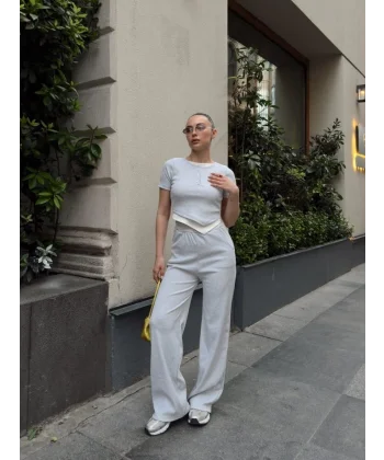 Kadın Bisiklet Yaka Asimetrik Kesim Atlet Detay Bluz Ve Yüksek Bel Bol Paça Pantolon Ikili Takım