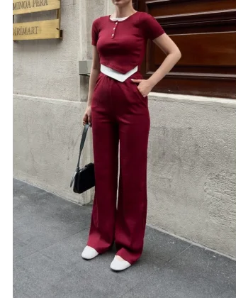 Kadın Bisiklet Yaka Asimetrik Kesim Atlet Detay Bluz Ve Yüksek Bel Bol Paça Pantolon Ikili Takım