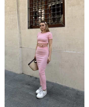 Kadın Bisiklet Yaka Bağcık Detay Crop Ve Yüksek Bel çizgi Desen Etek Ikili Takım