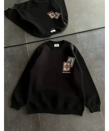 Kadın Bisiklet Yaka Baskılı SweatShirt - Siyah