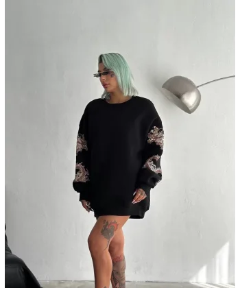 Kadın Bisiklet Yaka Baskılı SweatShirt - Siyah