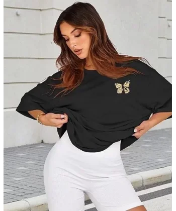 Kadın Bisiklet Yaka Baskılı T-shirt - Siyah