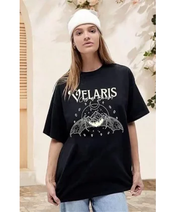 Kadın Bisiklet Yaka Baskılı T-shirt - Siyah