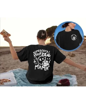 Kadın Bisiklet Yaka Baskılı T-shirt - Siyah