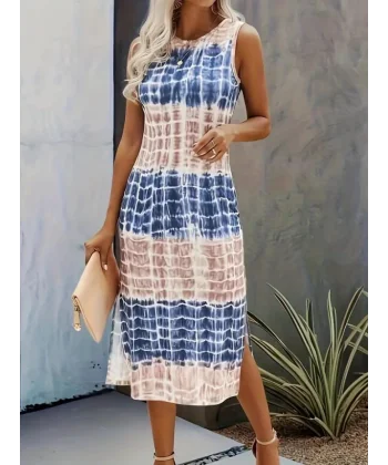 Kadın Bisiklet Yaka Batik Desen Baskılı Süprem Midi Elbise