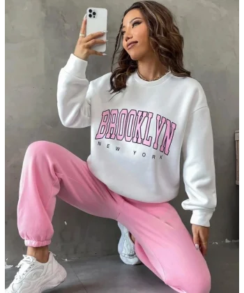 Kadın Bisiklet Yaka Brooklyn Baskılı üç Iplik Kumaş Sweat