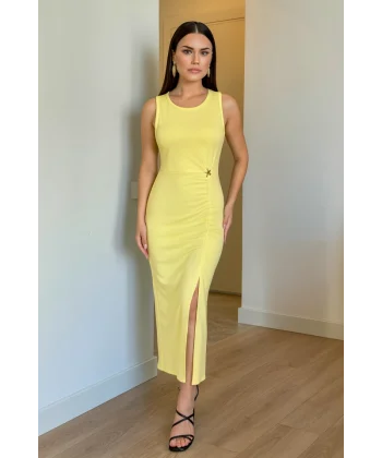 Kadın Bisiklet Yaka Büzgü Ve Broş Detay Yırtmaçlı Maxi Boy Elbise