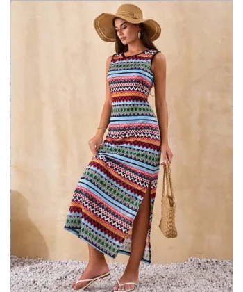 Kadın Bisiklet Yaka Cizgi Desen üprem Elbise