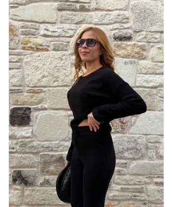 Kadın Bisiklet Yaka Crop Ve Ispanyol Paça Pantolon Ikili Takım