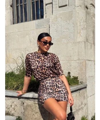 Kadın Bisiklet Yaka eopar Desen Dökümlü Bluz Ve ini Etek Ikili Takım