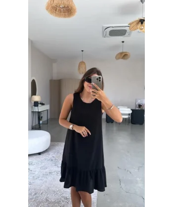 Kadın Bisiklet Yaka Eteği Volanlı Bürümcük Elbise