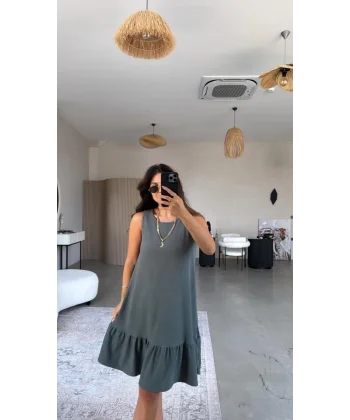 Kadın Bisiklet Yaka Eteği Volanlı Bürümcük Elbise