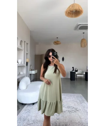 Kadın Bisiklet Yaka Eteği Volanlı Bürümcük Elbise