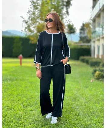 Kadın Bisiklet Yaka Fakir Kol Biye Detay Bluz Ve Yüksek Bel Lastikli Pantolon Ikili Takım