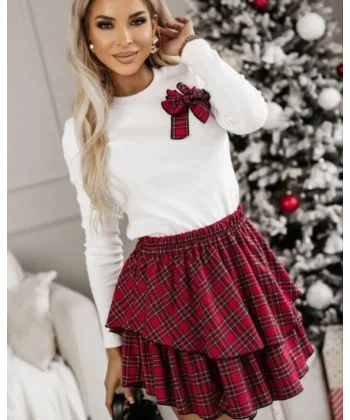 Kadın  Bisiklet Yaka Fiyonk Detay Bluz Ve Volan Detay ini Ekose Etek Fırsat ürün Ikili Takım