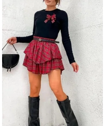 Kadın  Bisiklet Yaka Fiyonk Detay Bluz Ve Volan Detay ini Ekose Etek Fırsat ürün Ikili Takım