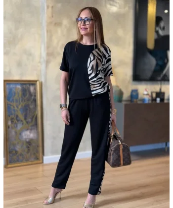 Kadın Bisiklet Yaka Kısa Kol eopar Desen Bluz Ve Pantolon Ikili Takım