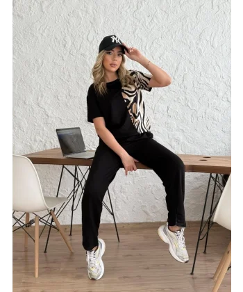 Kadın Bisiklet Yaka Kısa Kol Leopar Desen Bluz Ve Pantolon Ikili Takım