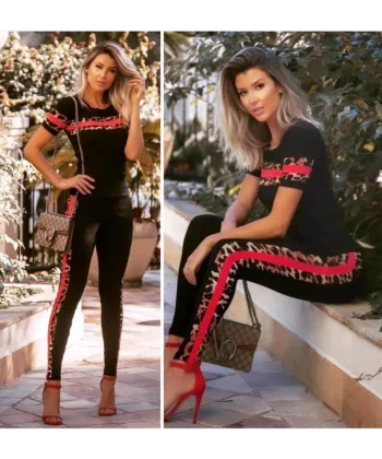 Kadın Bisiklet Yaka Kısa Kol Leopar Garni Detay Iki Iplik Kumaş Ikili Takım