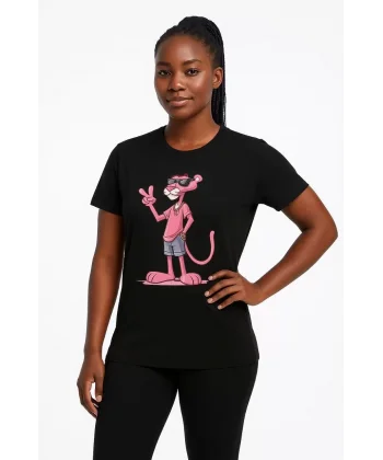 Kadın Bisiklet Yaka Kısa Kollu Baskılı T-shirt - Siyah