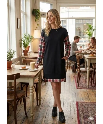 Kadın Bisiklet Yaka Kolları Ve Arkası Ekoseli Diz üstü Elbise