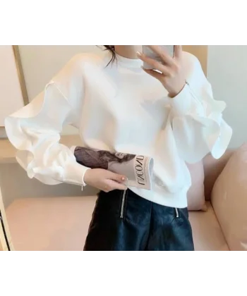 Kadın Bisiklet Yaka Kolları Volan Detay üç Iplik Kumaş Sweat