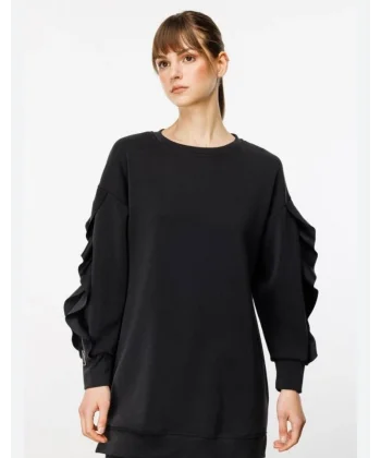 Kadın Bisiklet Yaka Kolları Volan Detay üç Iplik Kumaş Sweat