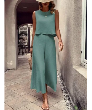 Kadın Bisiklet Yaka Kolsuz Bluz Ve Bol Paça Aerobin Kumaş Ikili Takım