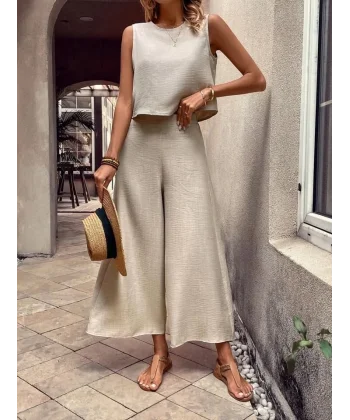 Kadın Bisiklet Yaka Kolsuz Bluz Ve Bol Paça Aerobin Kumaş Ikili Takım