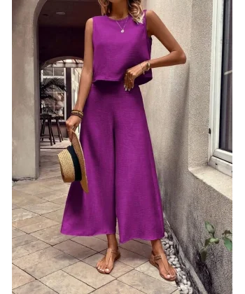 Kadın Bisiklet Yaka Kolsuz Bluz Ve Bol Paça Aerobin Kumaş Ikili Takım