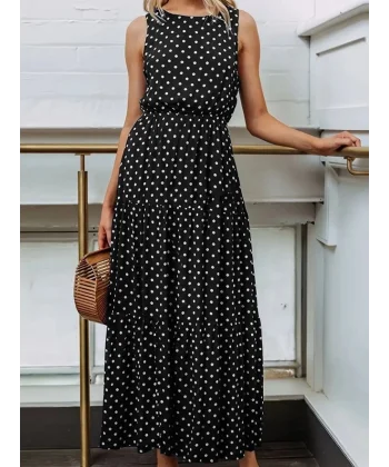 Kadın Bisiklet Yaka Kolsuz Puantiye Baskılı Krep Kumaş Maxi Boy Elbise