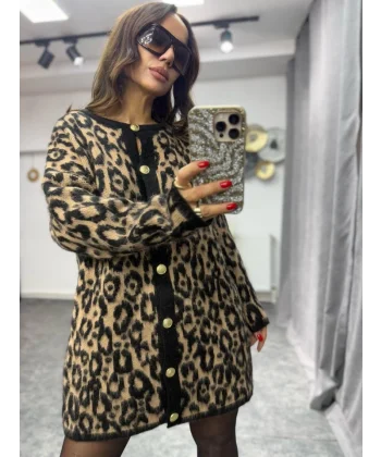 Kadın Bisiklet Yaka Leopar Garnili Düğme Detay Kurka