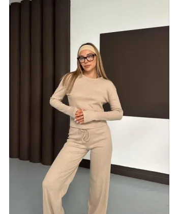 Kadın Bisiklet Yaka Parmak Geçme Detay Uzun Kollu Bluz Ve Pantolon Ikili Takım