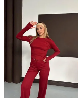 Kadın Bisiklet Yaka Parmak Geçme Detay Uzun Kollu Bluz Ve Pantolon Ikili Takım