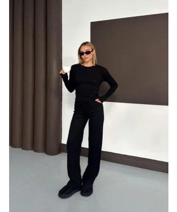 Kadın Bisiklet Yaka Parmak Geçme Detay Uzun Kollu Bluz Ve Pantolon Ikili Takım