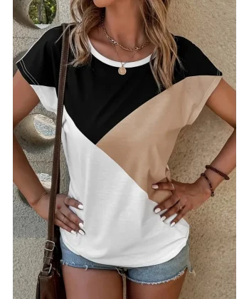 Kadın Bisiklet Yaka üç Renk Viskon T-shirt