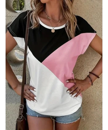 Kadın Bisiklet Yaka üç Renk Viskon T-shirt