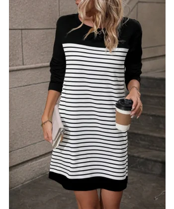 Kadın Bisiklet Yaka Uzun Kol çizgili Iki Iplik Kumaş Mini Boy Elbise