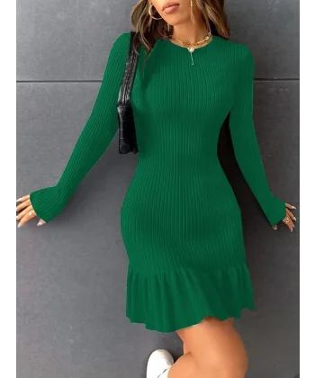 Kadın Bisiklet Yaka Uzun Kol Etek Ucu Fırfırlı Triko (polyenit) Mini Boy Elbise