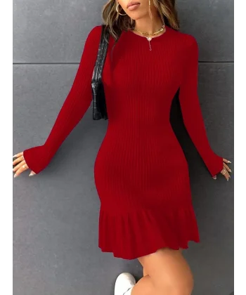 Kadın Bisiklet Yaka Uzun Kol Etek Ucu Fırfırlı Triko (polyenit) Mini Boy Elbise